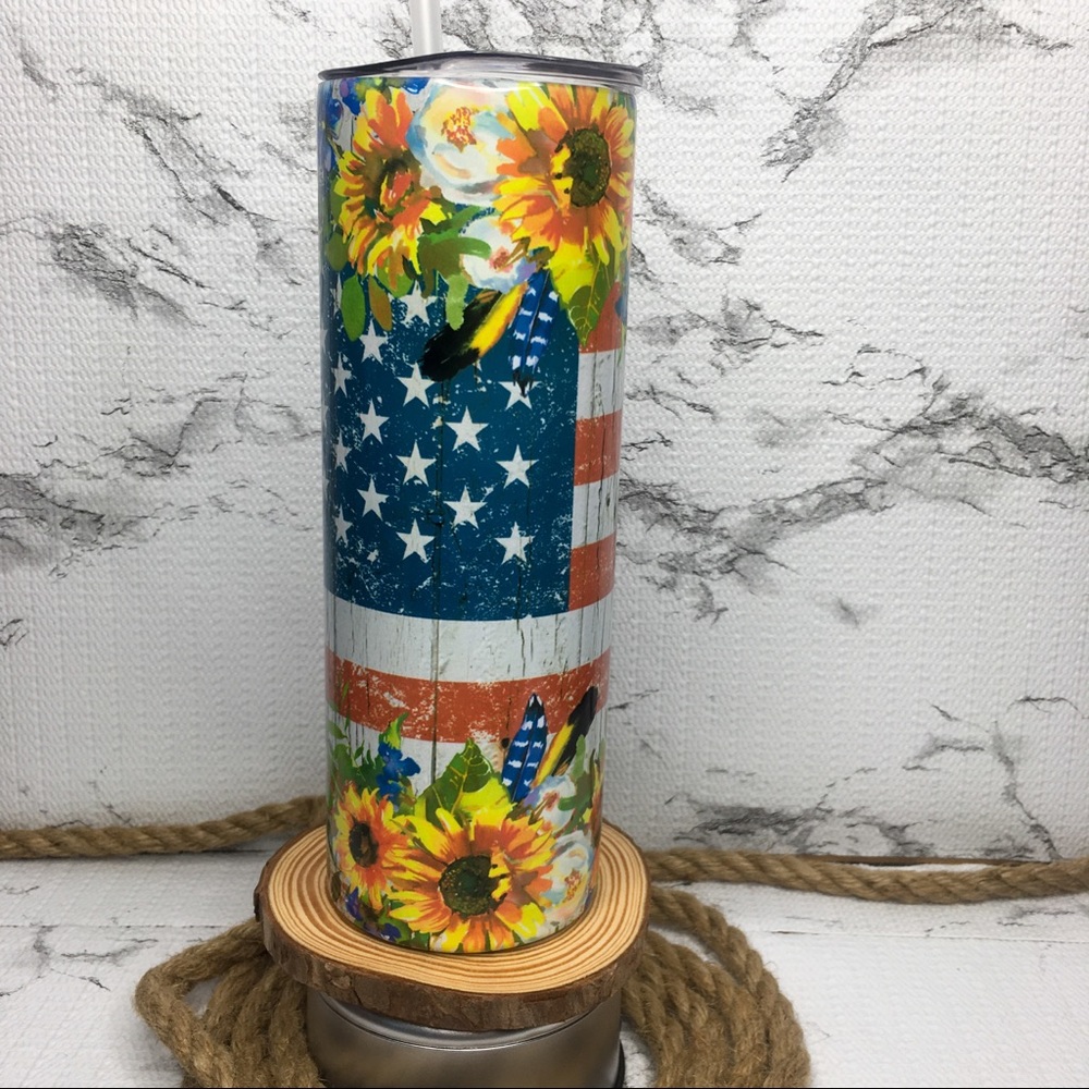 Sunflower Rustic Patriotic Sublimation Tumbler